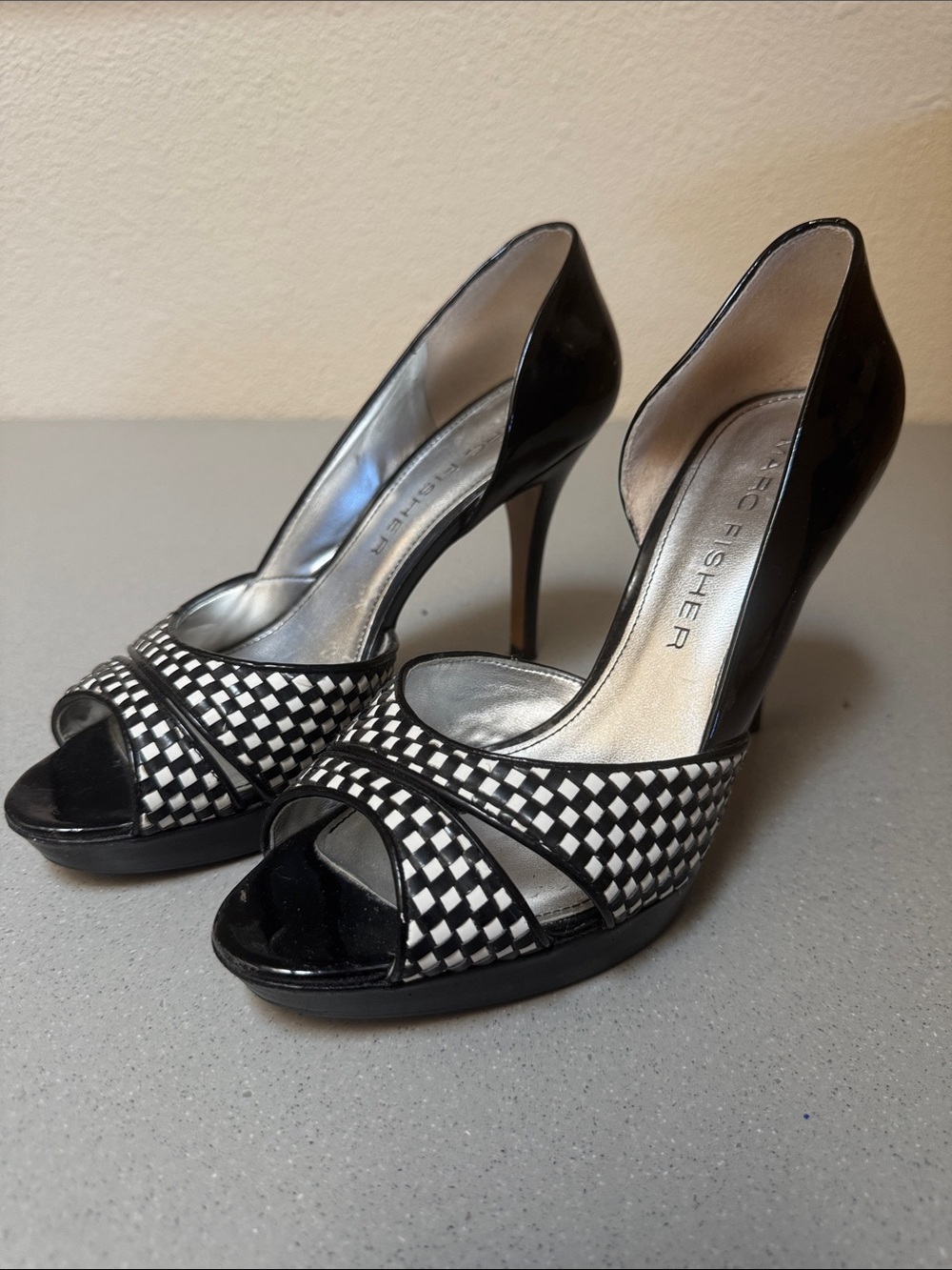 Marc Fisher Retro Black & White Peep-Toe High Heels